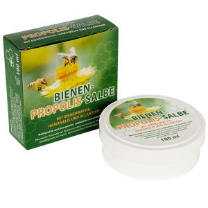 Propolis Salbe in einer weißen Dose mit einer grünen Kartonverpackung
