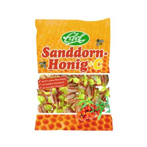 Sanddorn-Honig + C Bonbons in einer Bonbon-Tüte, die teilweise durchsichtig ist