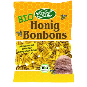 Bio Honig Bonbons in einer gelben Tüte mit einem Transparentem Teil