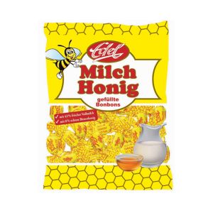 Gefüllte Milch-Honig Bonbons in einer gelben Plastikverpackung