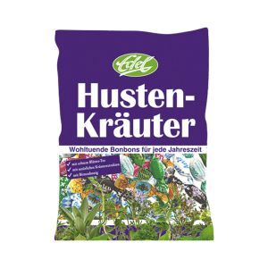 Husten-Kräuter-Bonbons in einer lilafarbenen Tüte
