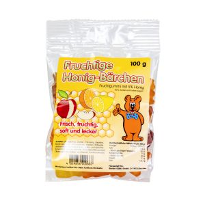 Fruchtige Honig Gummibärchen in einer durchsichtigen Plastiktüte