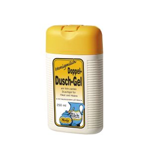 Honig-Milch Doppel-Duschgel in weißer Flasche mit großem gelben Deckel