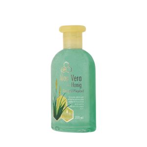 Türkisfarbenes Aloe Vera + Honig Duschgel in einer durchsichtigen Flasche mit gelbem Deckel