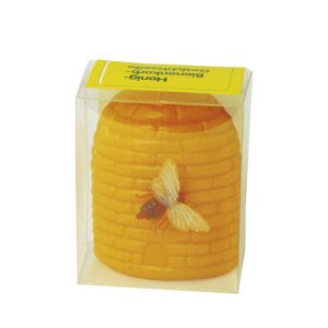 Honigseife in Form eines Bienenstocks mit einer Plastik-Biene in einer durchsichtigen Plastik-Verpackung