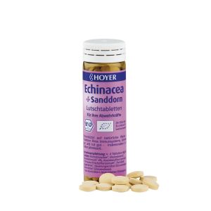 Echinacea + Sanddorn Lutschtabletten in einer Tablettendose mit Lila Etikett