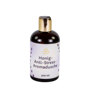 Honig Anti Stress Aromadusche in dunkler Flasche mit einem goldenen Deckel