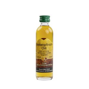 Weinbergpfirsich-Chili Likör mit Honig in einer 40ml Glasflasche mit Schraubdeckel